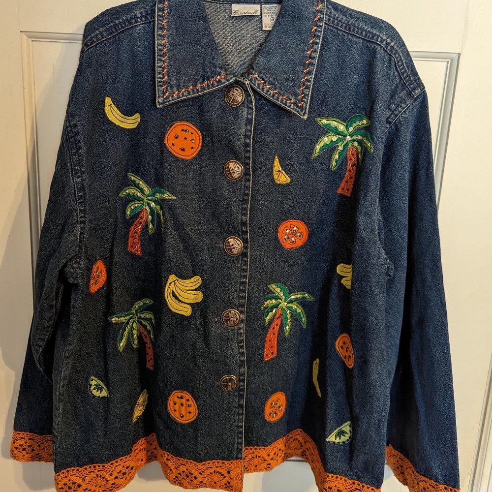 Courtwell Fancy Embellished Lace Denim Top Jacket Stitched Sequined Ladies sz M